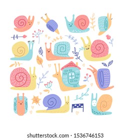 Set of hand drawn childish snails of different behavior shell colours in doodle color style isolated on white background. Flat vector illustration in scandinavian style