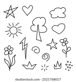 Set of hand drawn children's doodle black elements. Vector illustration. White background.