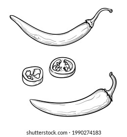 Un juego de pimienta picante a mano. Blanco y negro. Ilustración vectorial aislada en un fondo blanco.