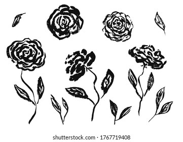 Set of hand drawn chinese black ink rose or peony flowers and leaves. Sketch vector inky floral blossoms and grass elements texture for pattern design, greeting card decoration, logo