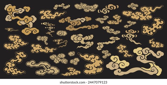  Conjunto de nubes chinas dibujadas a mano con Vector de íconos tradicionales japoneses. Decoración oriental con diseño de logotipo, flyer o presentación en estilo vintage