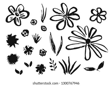 Set of hand drawn chinese ink flowers and grass. Sketch inky floral blossoms and leaves elements texture for pattern design, greeting card decoration, logo