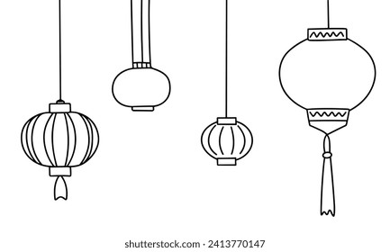 Set of hand drawn Chinese lanterns. Outline doodle Chinese Lantern. Hand drawn vector art.