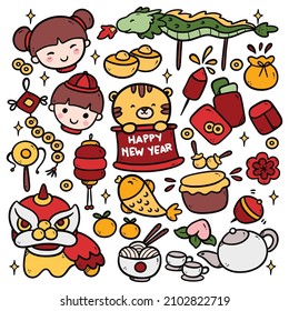 Set of hand drawn Chinese new year doodle,  year of tiger