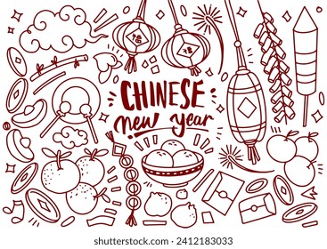 Set of hand drawn Chinese new year doodle, year of Dragon with Chinese language lettering text (happy chinese new year)