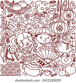 Set of hand drawn Chinese new year doodle, year of Dragon with Chinese language lettering text (happy chinese new year)