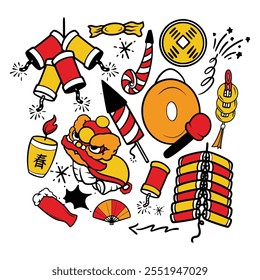 Set of Hand Drawn Chinese New Year Doodles Illustration. Chinese New Year Celebration. Happy Chinese New Year vector illustration 