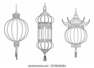 Set of hand drawn Chinese paper street lanterns of various shapes vector illustrations isolated on white background. Beautiful traditional asian festival decorations. Chinese New Year design elements