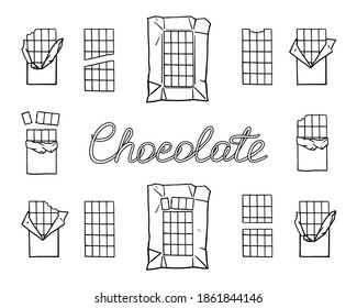 Set of hand drawn chocolate bar in twelve different variations with the hand written inscription. Black outline isolated on white background. Vector illustration for stickers, prints, decor.