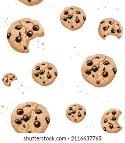 Un juego de elementos de cocina de chocolate dibujado a mano. Patrón de cookies sin foco
