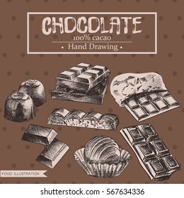 Conjunto de chocolate dibujado a mano aislado sobre fondo marrón. elementos de sketch de chocolate. Ilustración vectorial retro dibujada a mano. Ideal para carteles, banners, vales, cupones.