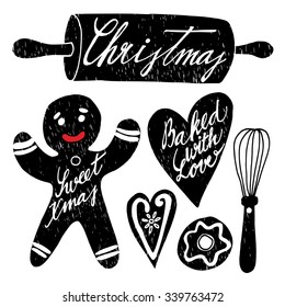 Set of hand drawn christmas baking elements. gingerbread man, cookies, rolling pin, whisk etc., vector isolated objects