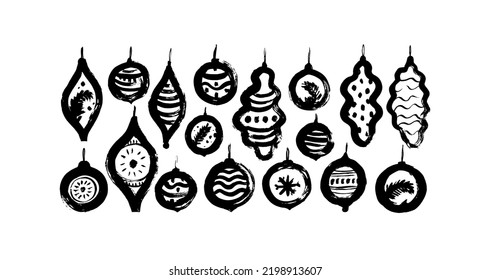 Set of hand drawn Christmas balls. Holiday ink illustrations isolated on white background. Christmas tree decorations, black vector baubles. Sketchy and naive style. Abstract New Year decorations. 