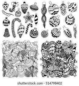 Set Hand drawn Christmas balls zentangle style for coloring book.