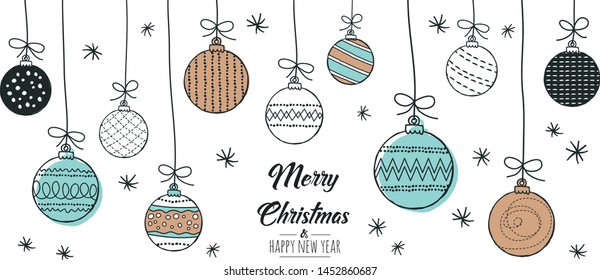 Set of hand drawn christmas baubles. Decoration isolated elements. Doodles and sketches vector illustration