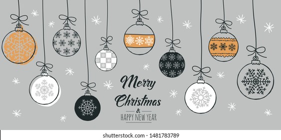 Set of hand drawn christmas baubles. Decoration isolated elements. Doodles and sketches vector illustration 