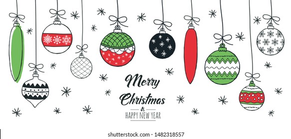 Set of hand drawn christmas baubles. Decoration isolated elements. Doodles and sketches vector illustration
