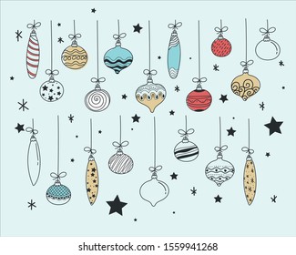 Set of hand drawn christmas baubles. Decoration isolated elements. Doodles and sketches vector illustration