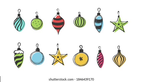 Set of hand drawn christmas baubles. 