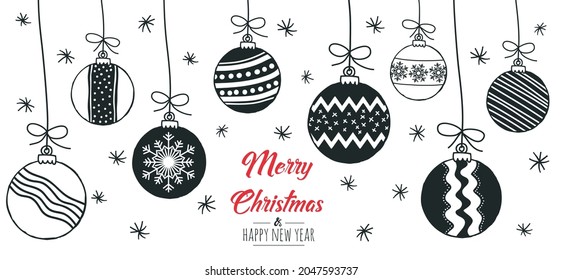 Set of hand drawn christmas baubles. Decoration isolated elements. Doodles and sketches vector illustration