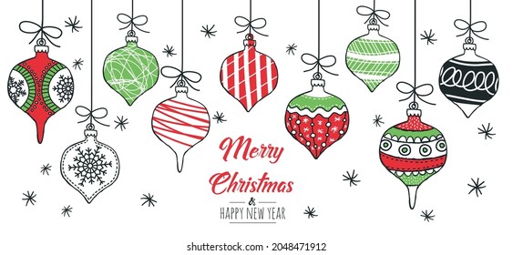 Set of hand drawn christmas baubles. Decoration isolated elements. Doodles and sketches vector illustration