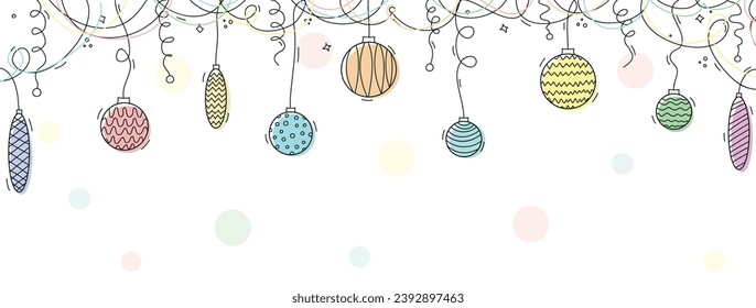 Set of hand drawn christmas baubles. Christmas balls hanging with ribbons on white background. Hand drawn sketch line style xmas ball. Christmas bauble background.