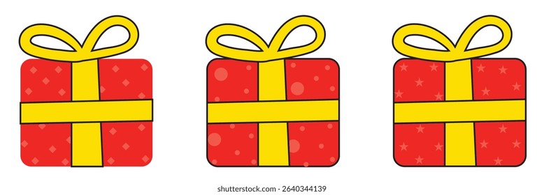 Set of hand drawn Christmas, birthday gift boxes, holiday presents. Hand drawn colorful gift boxes with tied ribbon wrappings  hand painted gift box vector icon.