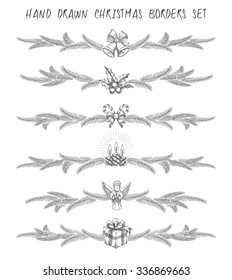 Set of hand drawn Christmas borders or dividers set. Christmas symbols and pine tree branches. Monochrome Isolated on white.