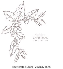 Set of Hand Drawn Christmas Botanicals with winter greenery, poinsettia, holly, mistletoe, pine, cone. Winter Plants Outline. Christmas Design. Christmas Floral Design. Winter Holiday Decor