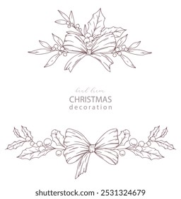 Set of Hand Drawn Christmas Botanicals with winter greenery, poinsettia, holly, mistletoe, pine, cone. Winter Plants Outline. Christmas Design. Christmas Floral Design. Winter Holiday Decor