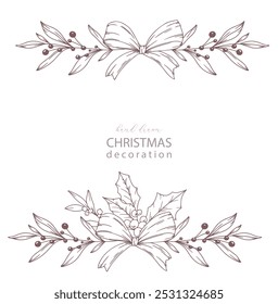 Set of Hand Drawn Christmas Botanicals with winter greenery, poinsettia, holly, mistletoe, pine, cone. Winter Plants Outline. Christmas Design. Christmas Floral Design. Winter Holiday Decor