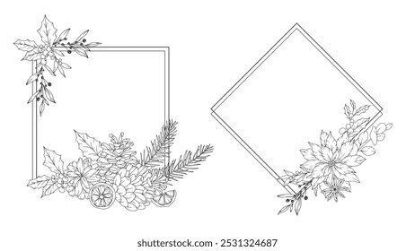 Conjunto de artesanato de Natal desenhado à mão com verde de inverno, poinsettia, azevinho, visco, pinho, cone. Contorno das Plantas de inverno. Design de Natal. Design floral de Natal. Decoração de férias de inverno