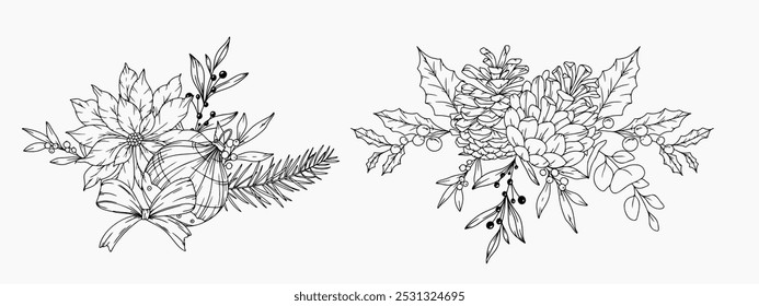 Set of Hand Drawn Christmas Botanicals with winter greenery, poinsettia, holly, mistletoe, pine, cone. Winter Plants Outline. Christmas Design. Christmas Floral Design. Winter Holiday Decor.