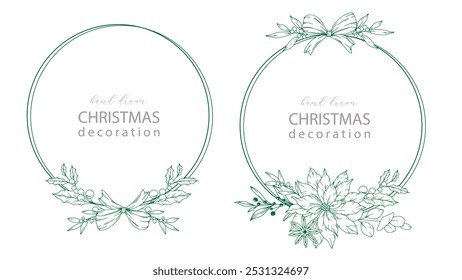 Set of Hand Drawn Christmas Botanicals with winter greenery, poinsettia, holly, mistletoe, pine, cone. Winter Plants Outline. Christmas Design. Christmas Floral Design. Winter Holiday Decor