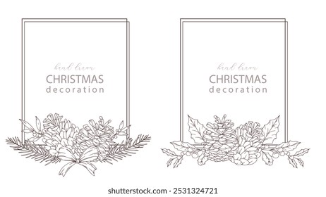 Set of Hand Drawn Christmas Botanicals with winter greenery, poinsettia, holly, mistletoe, pine, cone. Winter Plants Outline. Christmas Design. Christmas Floral Design. Winter Holiday Decor