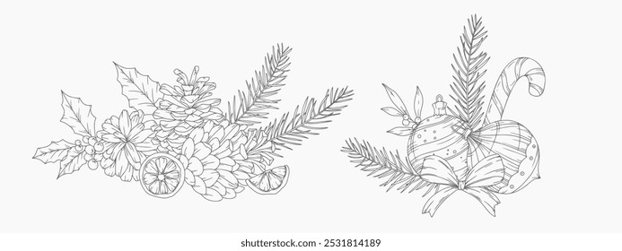 Set of Hand Drawn Christmas Botanicals with winter greenery, poinsettia, holly, mistletoe, pine, cone. Winter Plants Outline. Christmas Design. Christmas Floral Design. Winter Holiday Decor.