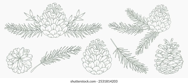 Set of Hand Drawn Christmas Botanicals with  pine branches and cones. Winter Plants Outline. Christmas Design. Christmas Floral Design. Winter Holiday Decor.