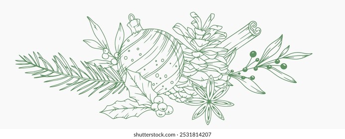 Set of Hand Drawn Christmas Botanicals with winter greenery, poinsettia, holly, mistletoe, pine, cone. Winter Plants Outline. Christmas Design. Christmas Floral Design. Winter Holiday Decor.