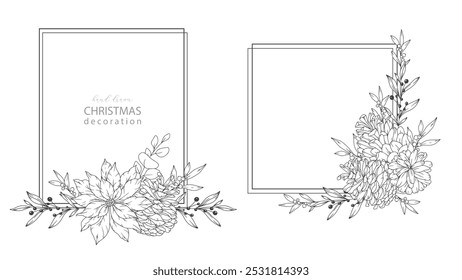 Set of Hand Drawn Christmas Botanicals with winter greenery, poinsettia, holly, mistletoe, pine, cone. Winter Plants Outline. Christmas Design. Christmas Floral Design. Winter Holiday Decor