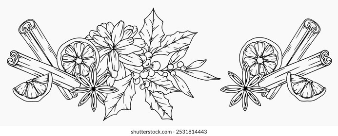 Set of Hand Drawn Christmas Botanicals with winter greenery, poinsettia, holly, mistletoe, pine, cone. Winter Plants Outline. Christmas Design. Christmas Floral Design. Winter Holiday Decor.