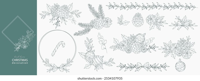 Set of Hand Drawn Christmas Botanicals with winter greenery, poinsettia, holly, mistletoe, pine, cone. Winter Plants Outline. Christmas Design. Christmas Floral Design. Winter Holiday Decor.