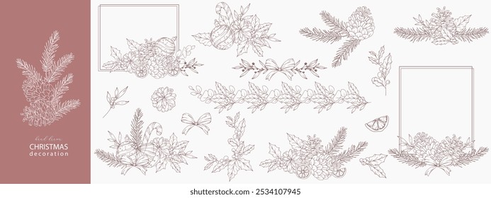 Set of Hand Drawn Christmas Botanicals with winter greenery, poinsettia, holly, mistletoe, pine, cone. Winter Plants Outline. Christmas Design. Christmas Floral Design. Winter Holiday Decor.