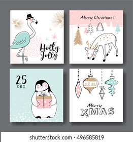 Set of hand drawn christmas card with cute animals