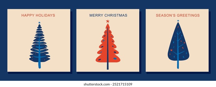 A set of hand drawn Christmas cards with trees and inscriptions. Greeting cards with Christmas trees. Vector