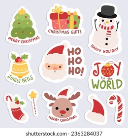 Christmas winter stickers collection for kids, seasonal design, cute  animals and elements for scrapbook Stock Vector