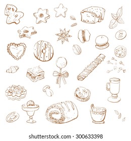 Set of hand drawn christmas cookies and sweets on white background.Sketches of xmas sweets.