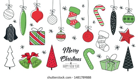 
Set of hand drawn christmas decoration isolated elements. Doodles and sketches vector illustration 