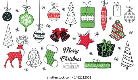 
Set of hand drawn christmas decoration isolated elements. Doodles and sketches vector illustration 