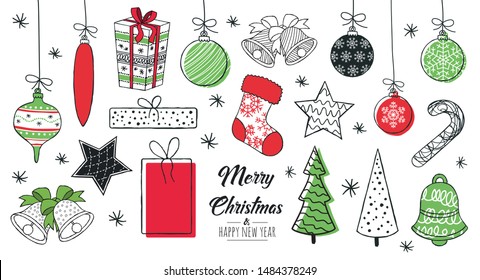 
Set of hand drawn christmas decoration isolated elements. Doodles and sketches vector illustration 