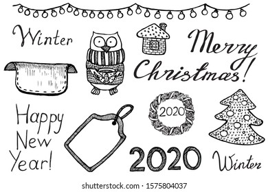 Set of hand drawn Christmas decorations and owl. Vector illustration isolated on the white background. 